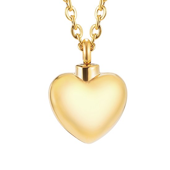 Gouden hartvormige urn hanger aan een gouden ketting.