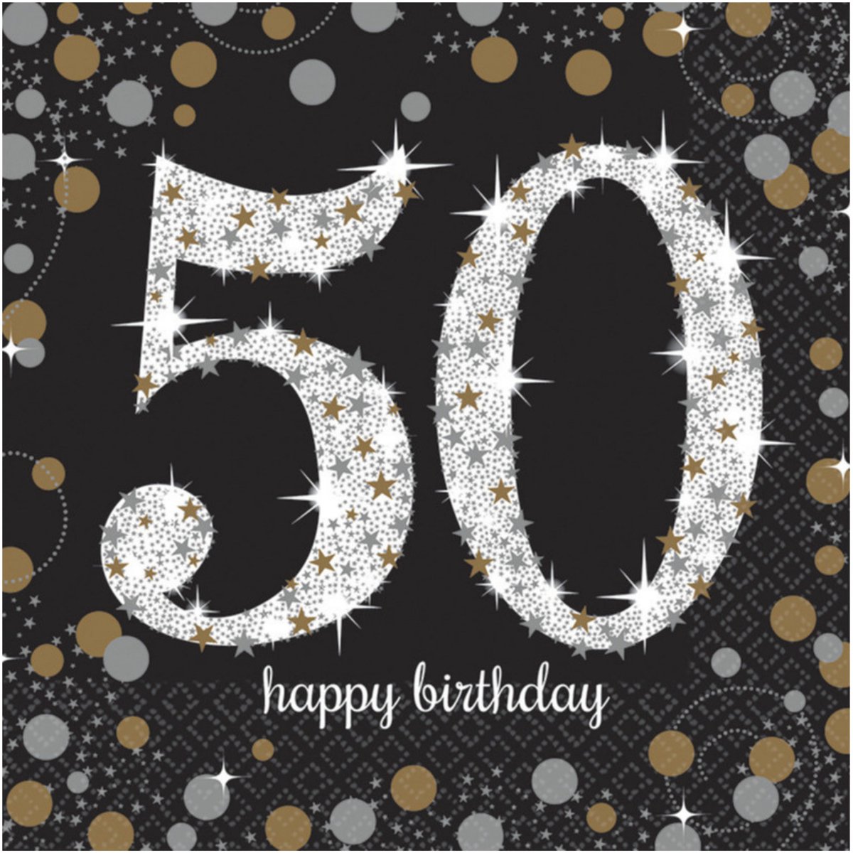 Amscan Servetten 50 jaar - 16x stuks - zwart - 33 x 33 cm - confetti - luxe - verjaardag
