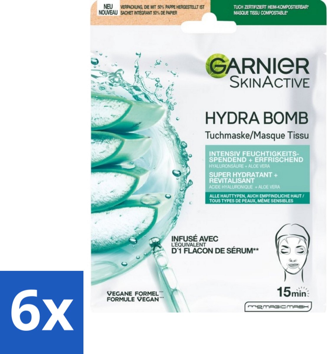 6 x Garnier - SkinActive - Hydrabomb Tissue Masker - Hyaluronzuur & Aloe Vera - Super Hydraterend - 1 Gezichtsmasker - Hydraterend Masker - Hyaluronzuur - Aloë Vera - Gezichtsmasker - Droge Huid