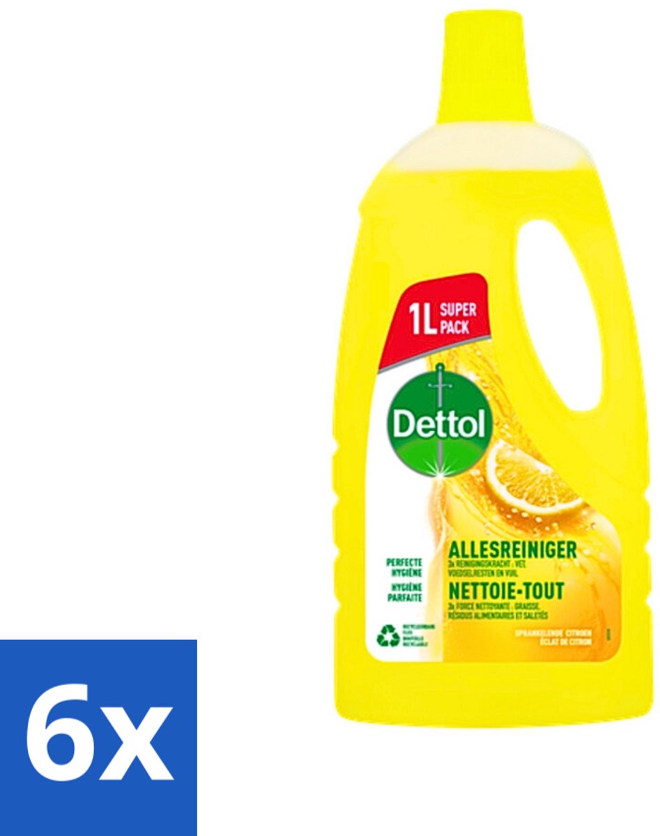6 x Dettol - Allesreiniger - Citroen - Hygiënisch Schoon - 1 liter - Allesreiniger - Schoonmaakmiddel - Citrusgeur - Hygiënisch Schoon - Keukenreiniger