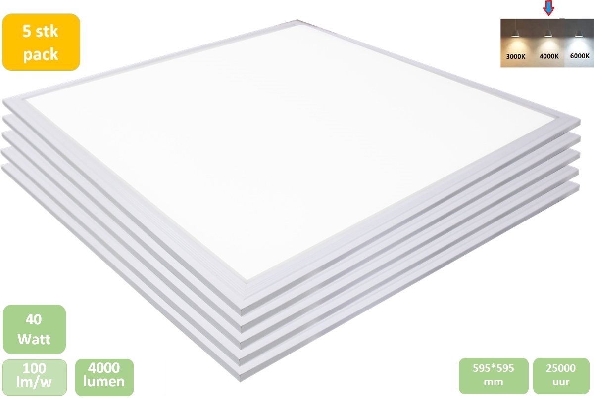 5 stuks - LED panelen 60x60 cm, 40w 4000k (neutraal wit) 4000lm