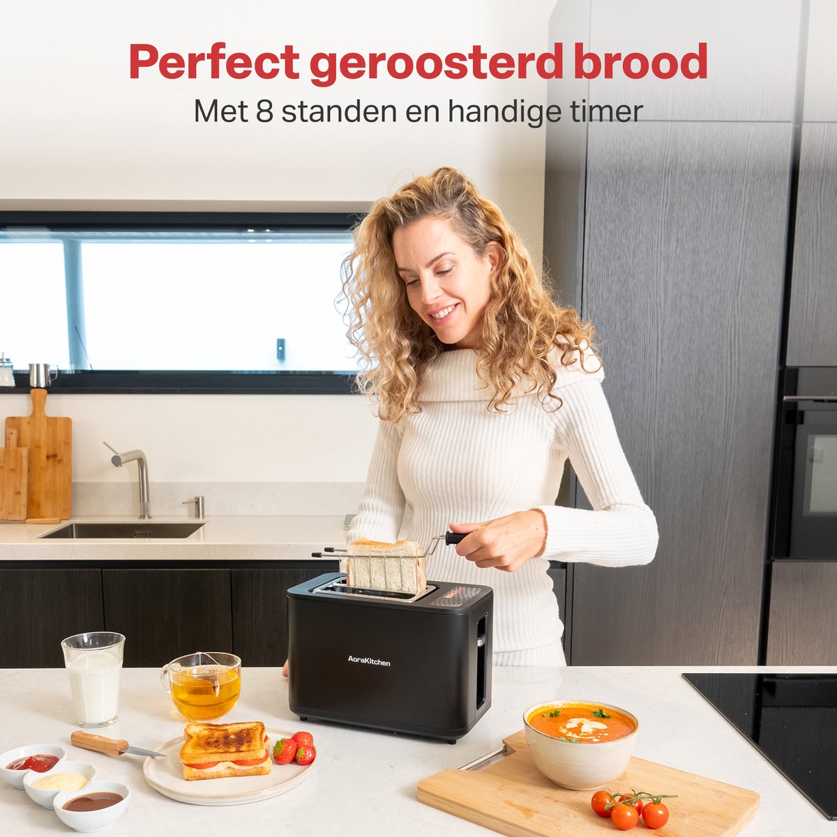 AoraKitchen Broodrooster met Tostiklemmen - 900W - 6 Warmteniveaus - Led Scherm - Toaster - met Timerfuncties - Tosti Apparaat - Zwart thumbnail 5