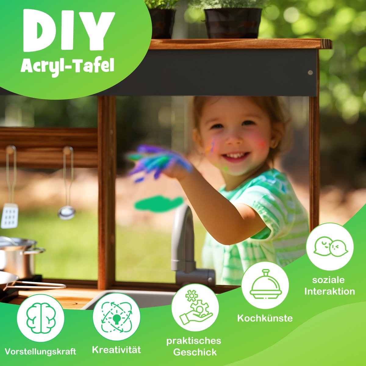 COSTWAY Modderkeuken voor kinderen, outdoor, kinderkeuken, dennenhout met 4 kookpotten, kraan en afneembare spoelbak en kookplaten, outdoorkeuken, speelkeuken met kookaccessoires voor kinderen vanaf 3 — afbeelding 5