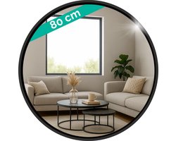 HSXL - Spiegels - Ronde Spiegel Zwart - 80 cm Groot - Grote Wandspiegel Rond - Industrieel / Modern Design - Badkamer - Slaapkamer - Woonkamer - Toilet