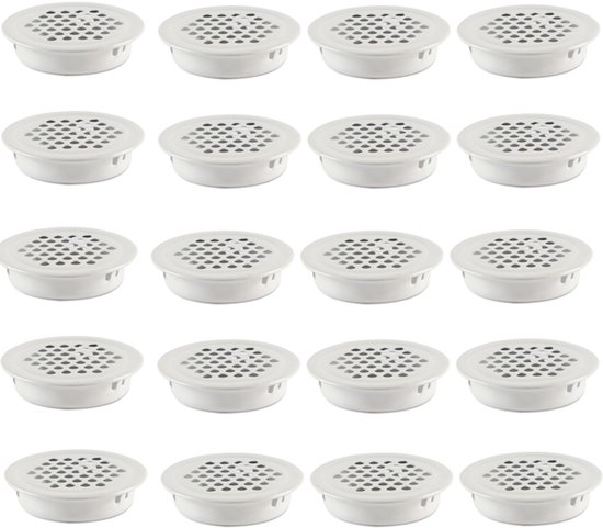 Twintig witte ronde ventilatieroosters met geperforeerd oppervlak.