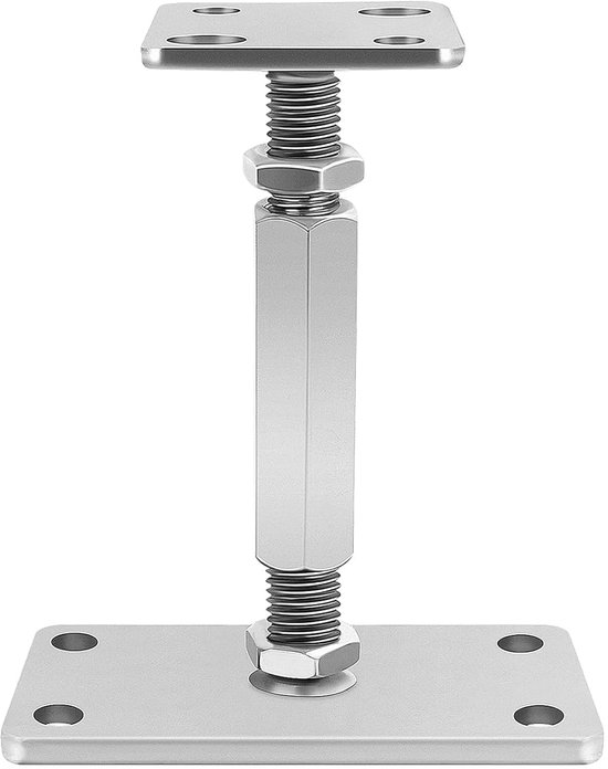 Steunvoet, verstelbaar, hoogte 140-200 mm, verzinkt, vloervoet, steunpoot, palen poten, bodemplaat 160 x 80 mm, dragerplaat 80 x 80 mm, zilver