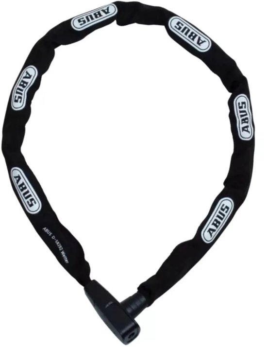 Zwart ABUS kettingslot met meerdere 'ABUS' logo's en een zwart handvat.