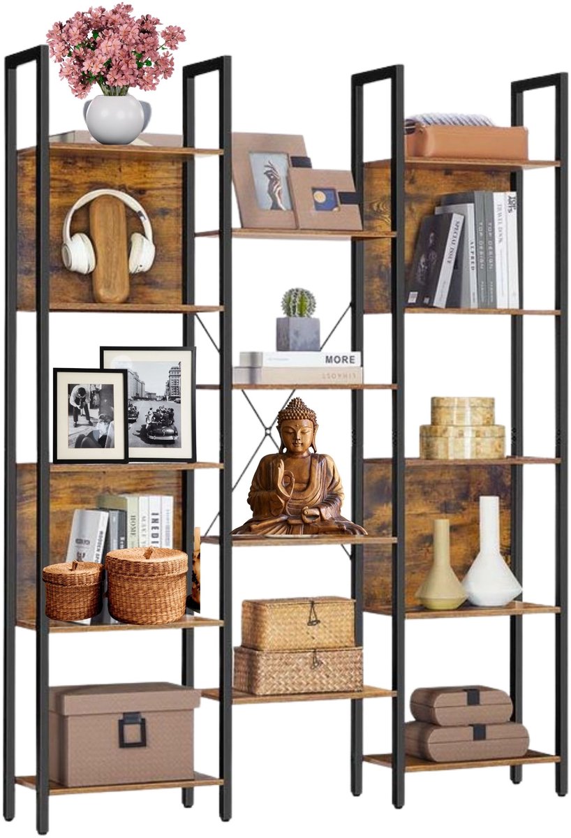 Signature Home Boekenkast met 14 lagen - Dressoir metalen frame - Kast industrieel - bruin - zwart - 24 x 128 x 166 cm