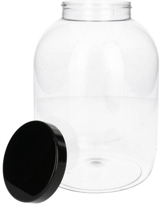 Transparante ronde PET-pot van 5000 ml met een los zwart schroefdeksel ernaast.