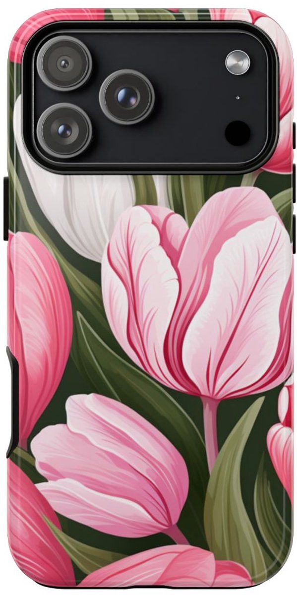 Roze en Witte Tulp Bloemenpatroon – Telefoonhoesje Geschikt voor iPhone 17 Pro Max