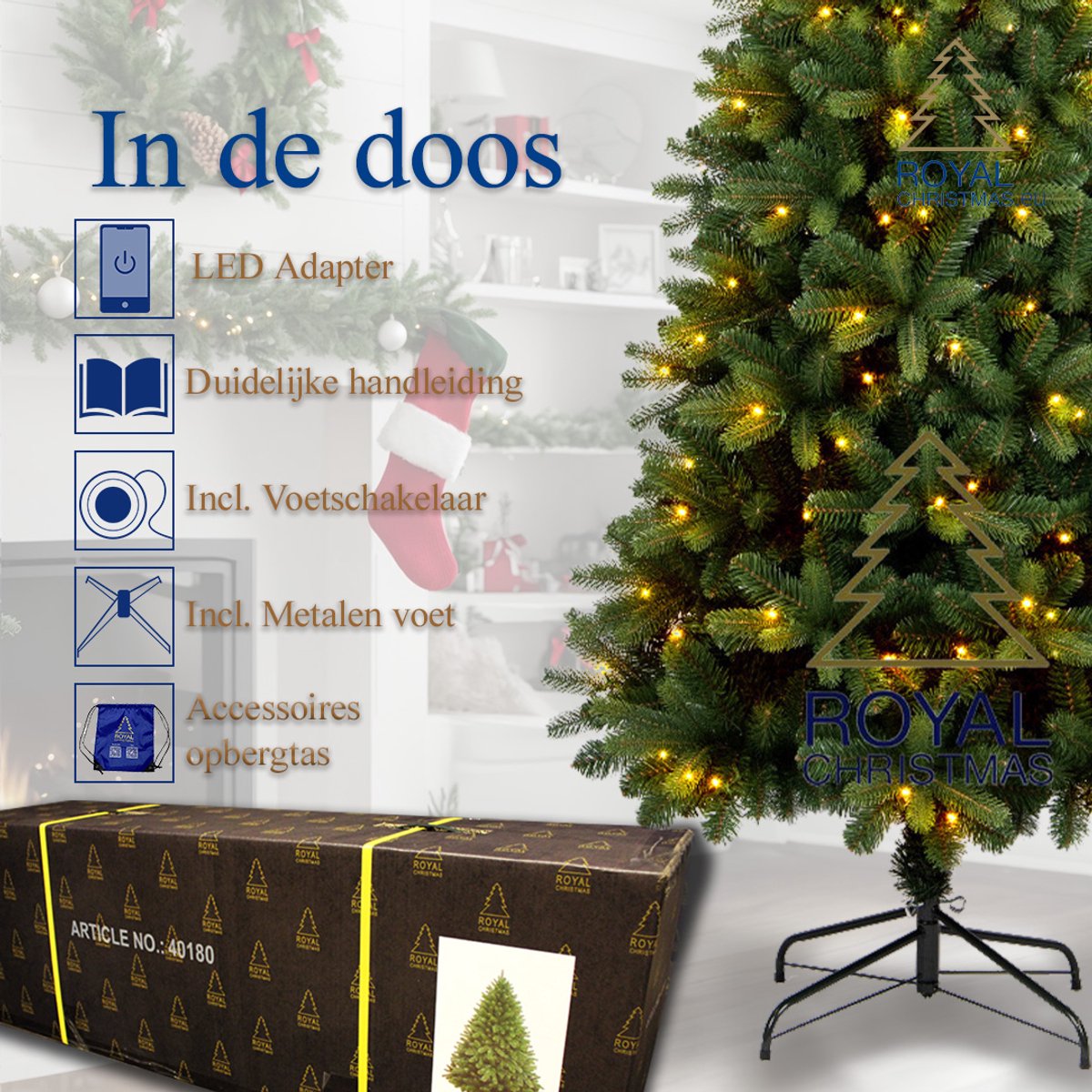 Royal Christmas -Smalle Kunstkerstboom met verlichting - Alaska Premium - 210cm met 250 LED-Lampjes – foto 8