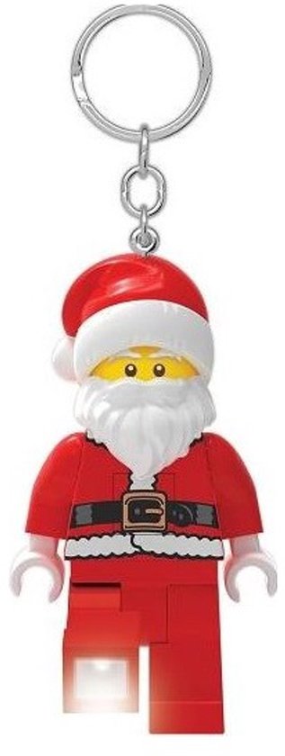 LEGO sleutelhanger kerstman met rode outfit, witte baard, zwarte riem en een lampje in de broekspijp.