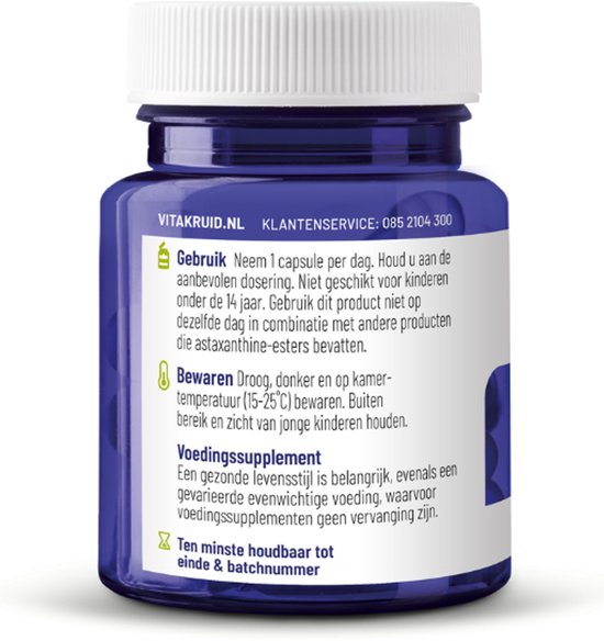 Paarse pot met 60 vegan capsules. Label met informatie over gebruik en bewaren.