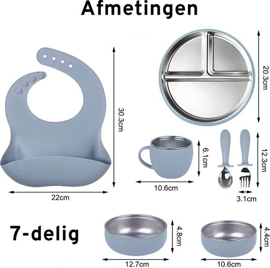 RVS Baby Servies Set - 7-delig Kinderservies met Blauwe Siliconen Zuignap - Roestvrijstalen Bord, Beker, 2 Kommen, Slab & Bestek - BPA-Vrij, Antislip, Vaatwasserbestendig & Hittebestendig - Duurzaam Eetset voor Baby’s en Peuters van Merkloos — afbeelding 2
