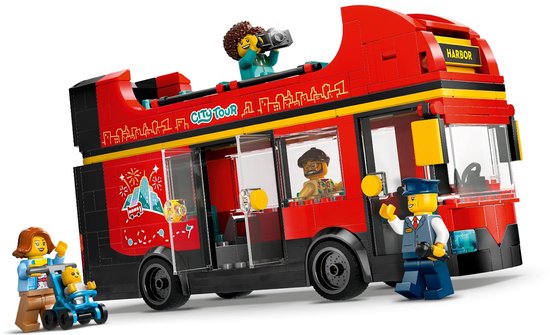 Rode LEGO dubbeldekker bus met 'City Tour' opdruk, gele accenten en minifiguren.