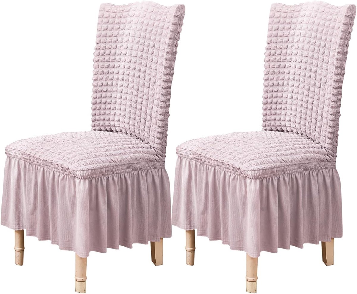 stoelhoezen voor de eetkamer, set van 2, stretch stoelhoezen met rok, afneembare en wasbare beschermhoezen voor keukenstoelen, voor thuis, op feestjes en bruiloften (paars, 2 stuks)