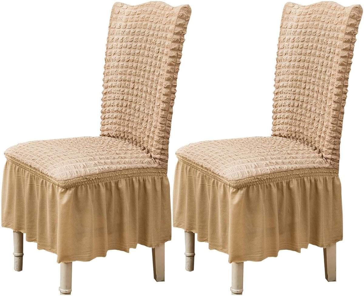 Stoelhoezen voor eetkamer, set van 2, stretch, slipcover met rok, afneembaar, wasbaar, keuken, stoelbeschermer, coverset voor thuis, feest, bruiloft (beige, 2 stuks)