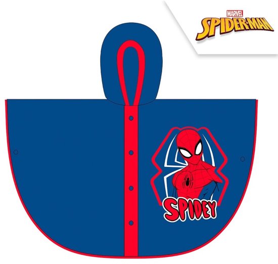 Blauwe Spiderman regenponcho met capuchon en rode bies. Afbeelding van Spiderman met 'Spidey' tekst.