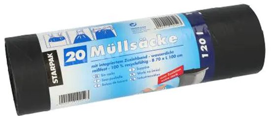 Zwarte Vuilniszakken 120 Liter | 60 Zakken | Trekband | Gerecycled LDPE | 45 My | 70x100 cm