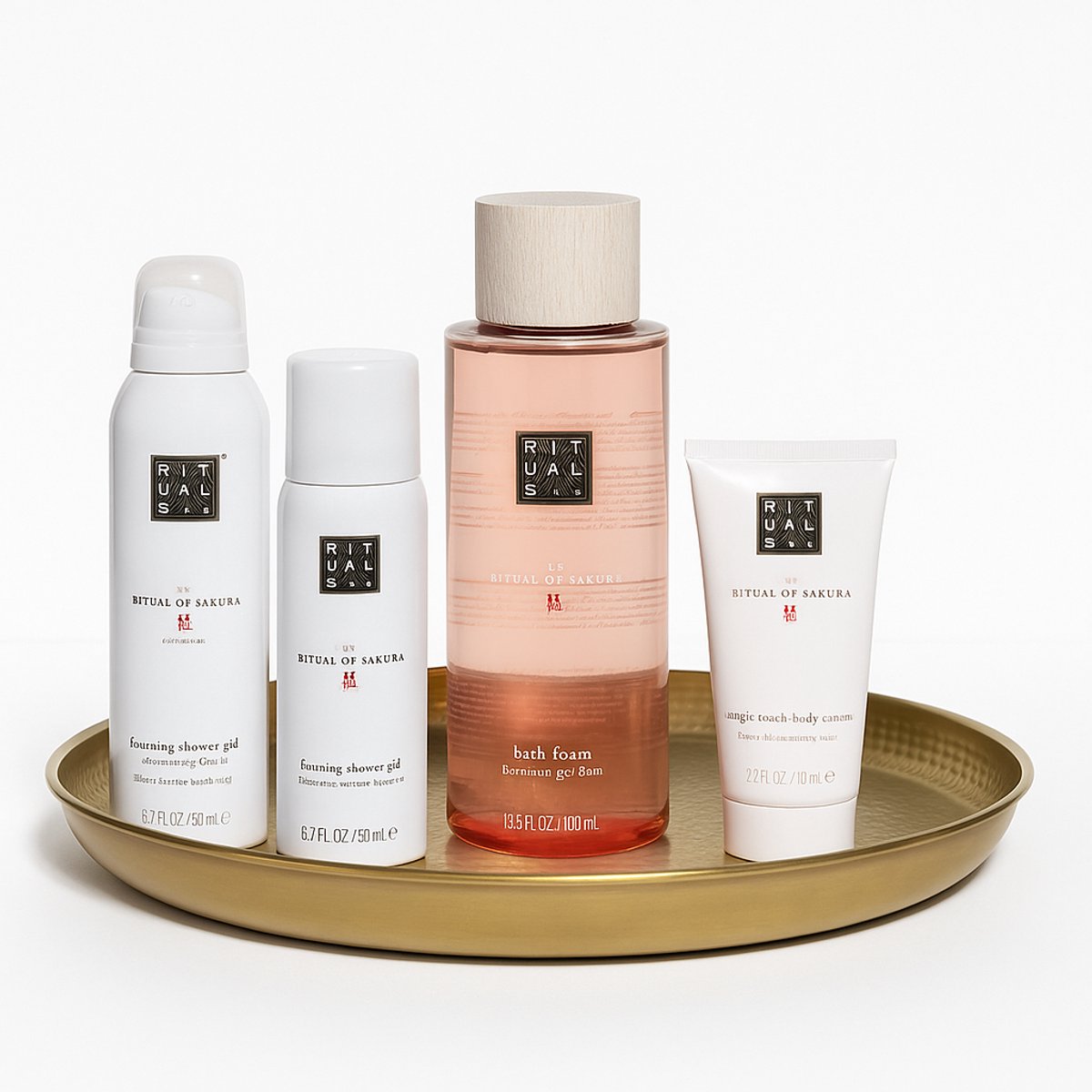 Rituals of Sakura - Geschenkset - Doucheschuim 200 ml - Anti Perspirant Deodorant 150 ml - Bath Foam 500 ml - Body Cream 70 ml - Rituals Product - Luxe Gouden Rond Decoratieve Dienblad