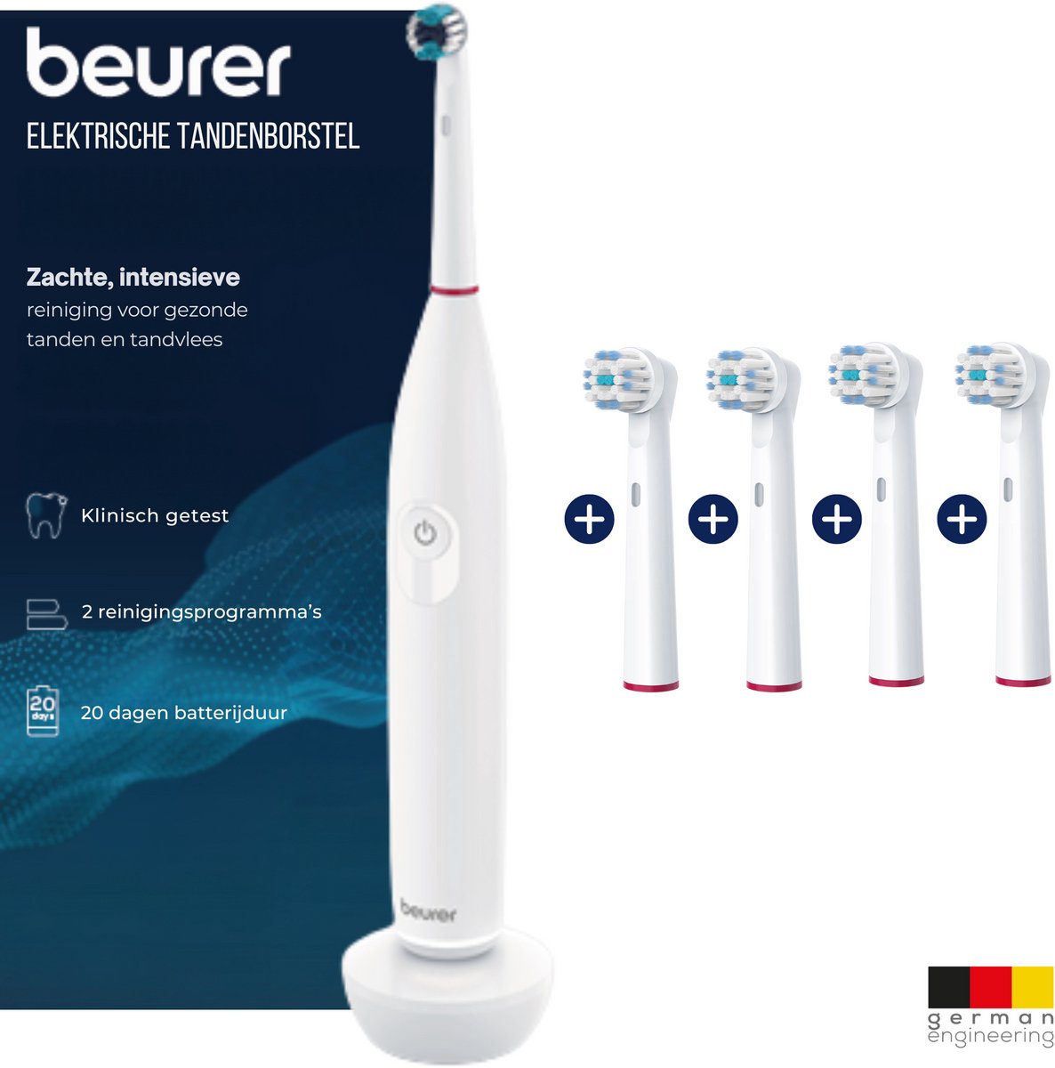 Beurer TB 30 Elektrische tandenborstel - 2 Reinigingsprogramma's: Clean & Sensitive - Batterijduur tot 20 dagen - 3 Jaar garantie - Wit