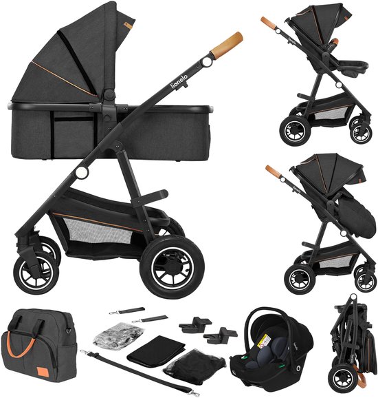 Lionelo Amber 3 in 1 Kinderwagen 3in1 — Reiswieg Buggy Baby Autostoel — ADAC geteste set — Vanaf geboorte (0-22 kg, tot 4 jaar) — Geveerde Pompwielen — Zacht Babymatras — Compact Snel Opvouwbaar — Babytas — Regenscherm — Insectennet — Autostoeltje
