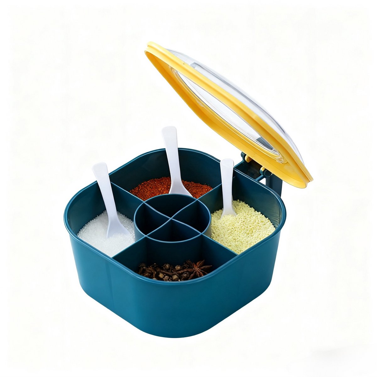 longziming -Voedselkwalitatief Plastic Kruidenbox Set - 4-compartimenten Blauw Met 4 Lepels