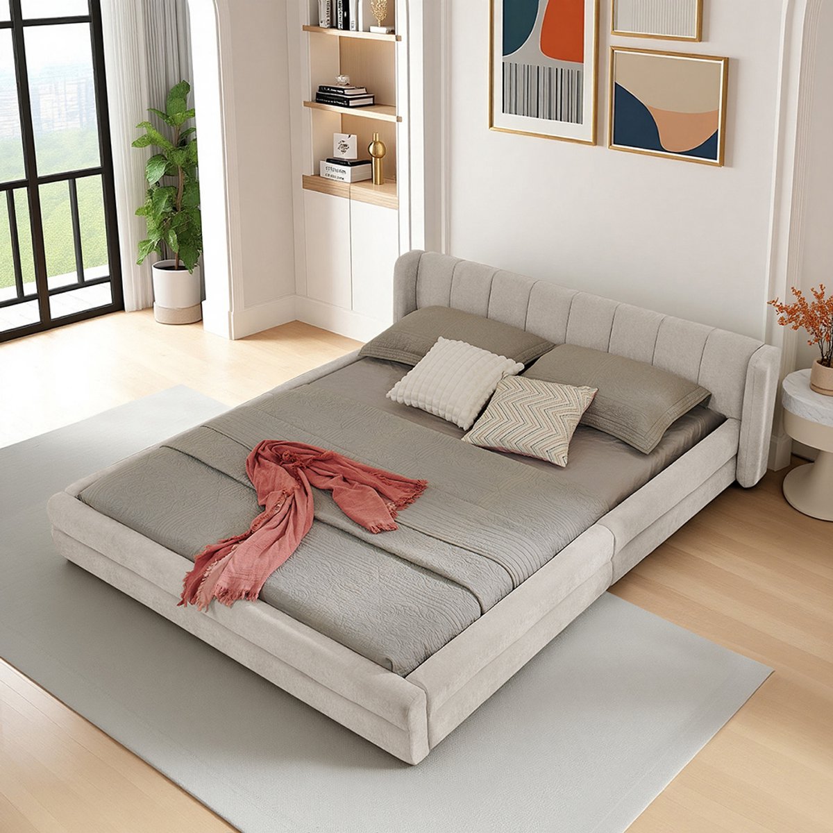 BLACKCOLORS Tweepersoonsbed 140×200 cm, chenille stof, comfortabele rugleuning, stevig frame van eucalyptus en ijzer, eenvoudig te monteren, beige (zonder matras)