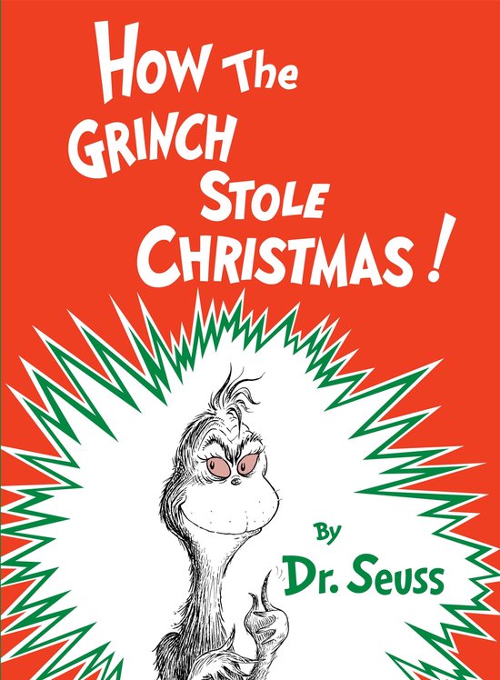 Boekomslag 'How the Grinch Stole Christmas!' van Dr. Seuss met de Grinch op een rode achtergrond.