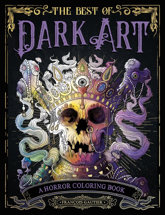Het beste van Dark Art, een griezelige kleurboek met een kleurrijke, met juwelen versierde schedel en kroon.