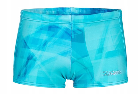 Zidro zwembroek met geometrisch patroon in verschillende tinten blauw en aqua. ZAGANO logo op de zijkant.