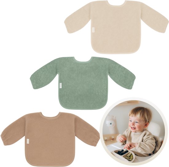 Funnies Slab met Mouwen 3-Pack Aardetinten - Set van 3 Zachte Slabbetjes voor Baby’s - 100% Katoenen Badstof - Makkelijk Wasbaar in de Wasmachine - Slabbetjes, Kwijlslab, Eet- en Speelslab - Ideaal voor Eten, Knutselen en Spelen
