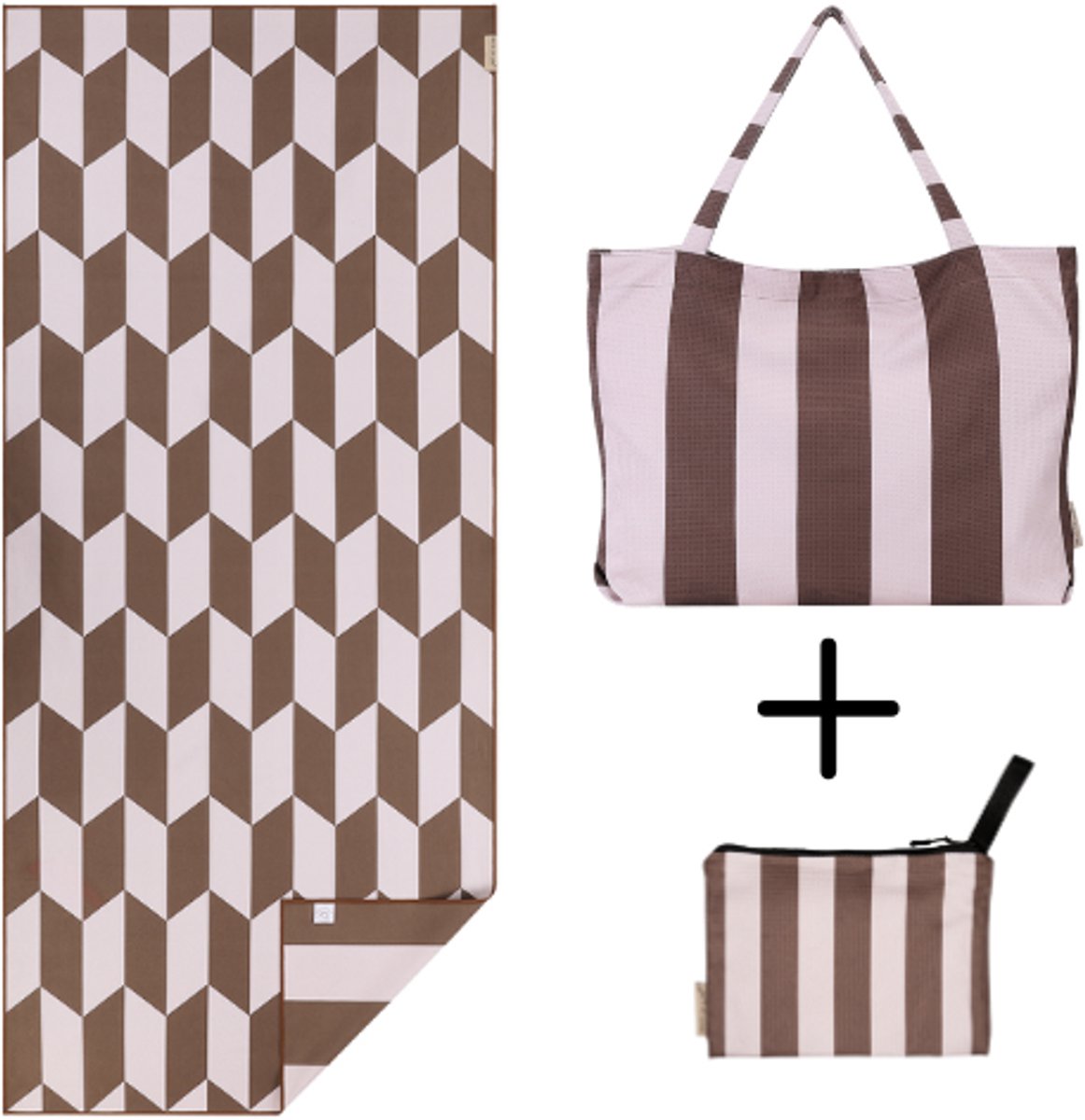 PIECE OF SUN® Strandset 3-delig – Groot Strandlaken 90x200 cm + Ruime Strandtas + Pouch – Bruin Beige – Zandvrij Sneldrogend Microvezel – Duurzaam & Lichtgewicht – Cadeau voor mannen en vrouwen - Cadeaubon 50 euro