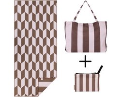 PIECE OF SUN® Strandset 3-delig – Groot Strandlaken 90x200 cm + Ruime Strandtas + Pouch – Bruin Beige – Zandvrij Sneldrogend Microvezel – Duurzaam & Lichtgewicht – Cadeau voor mannen en vrouwen - Cadeaubon 50 euro - Valentijn cadeau