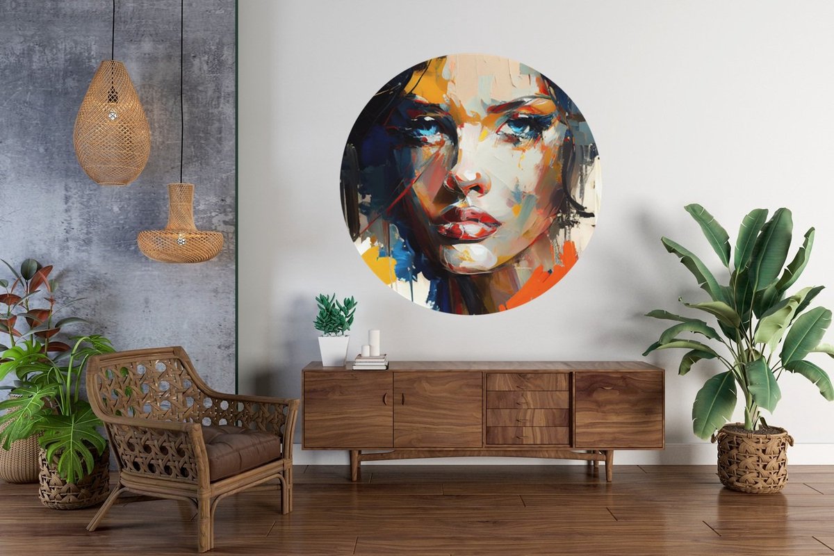 Trendex Global Rond Schilderij - Muurcirkel - Kleurrijke Vrouwengezicht - Kunst print op Dibond - 40 cm