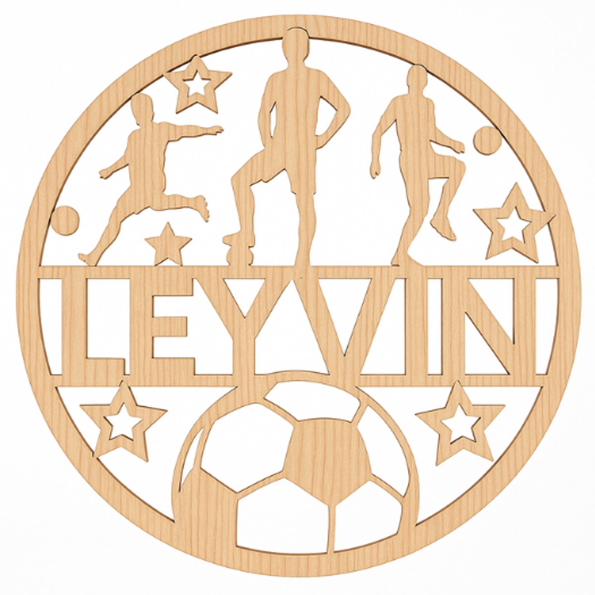 Houten naambordje Voetbal – Gepersonaliseerd cadeau met naam – Rond Houten Wanddecoratie (16cm) – Voor Jongens & Meisjes – Met voetbalspelers & sterren