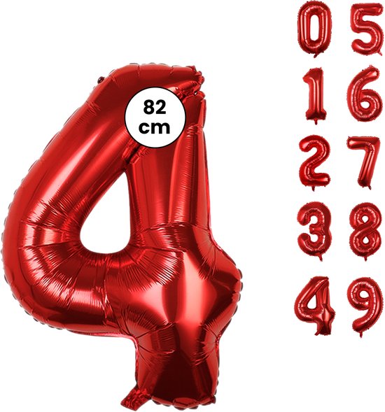 Cijfer Ballonnen - Nummer 4 - Rood - 82 cm - Helium Ballon - Fienosa- Leeftijd verjaardag - Verjaardagsballon - Verjaardag