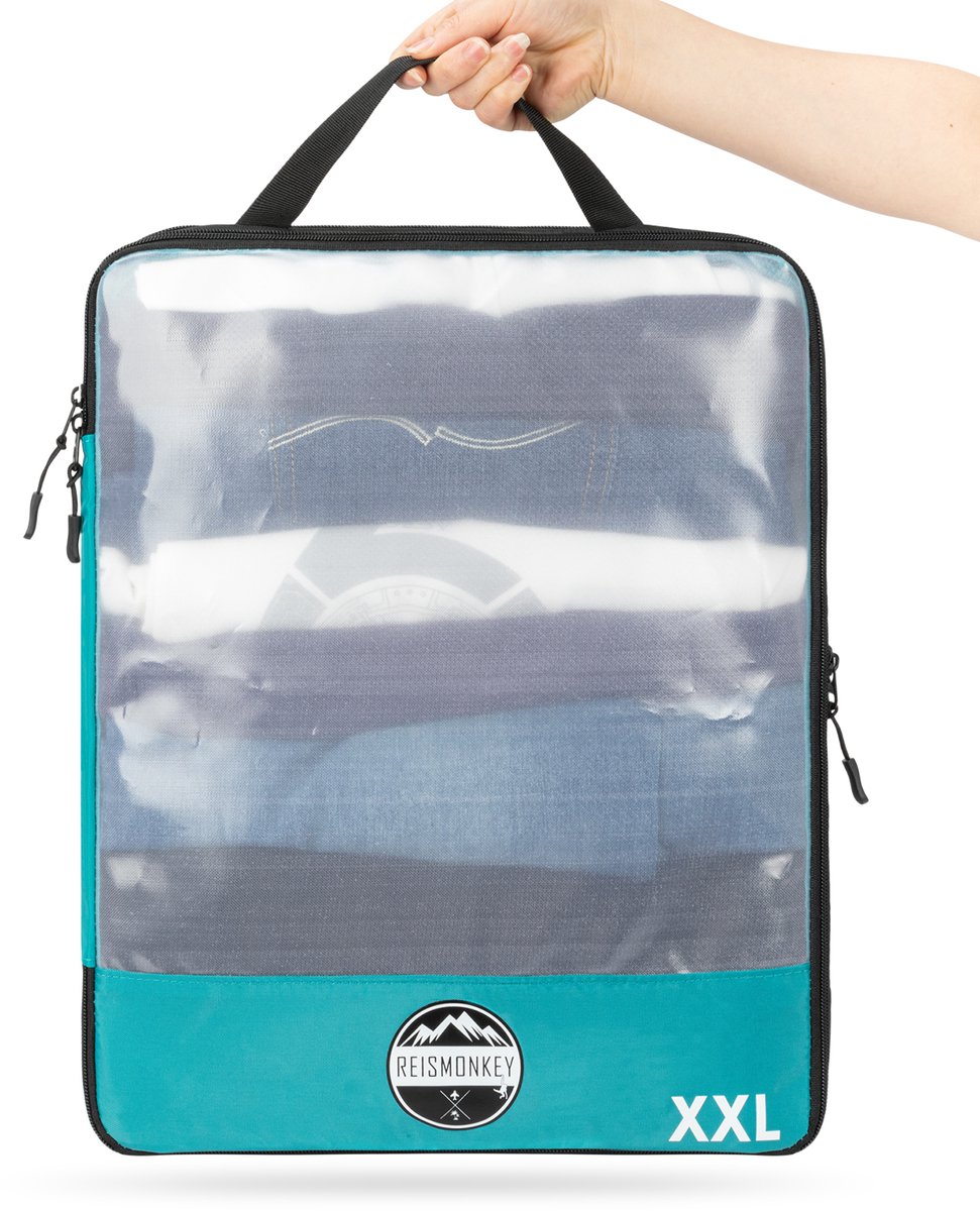 Reismonkey Packing cube XXL compressie - Turquoise transparant - Waterdicht - met compressierits - Backpack en koffer organizer