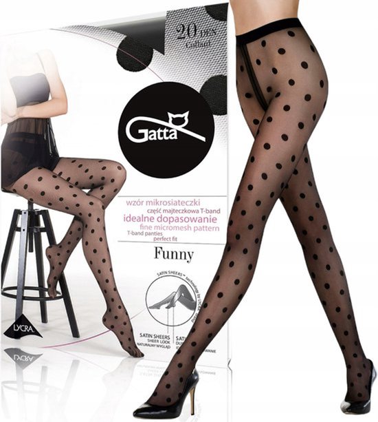 Zwarte Gatta panty met een fijn stippenpatroon, met productverpakking.