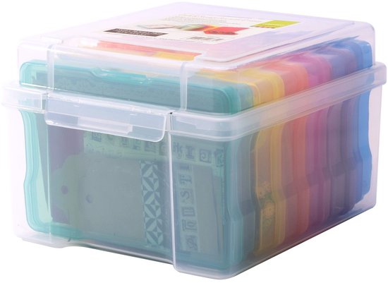 Vaessen Creative Opbergdoos met Deksel van 37,50 x 30 x 13 cm - 16 Doosjes van 17 x 12 x 3 cm in 8 Kleuren - Transparante Sorteerdoos voor Kaarten Maken, Scrapbooking, Sieraden Maken