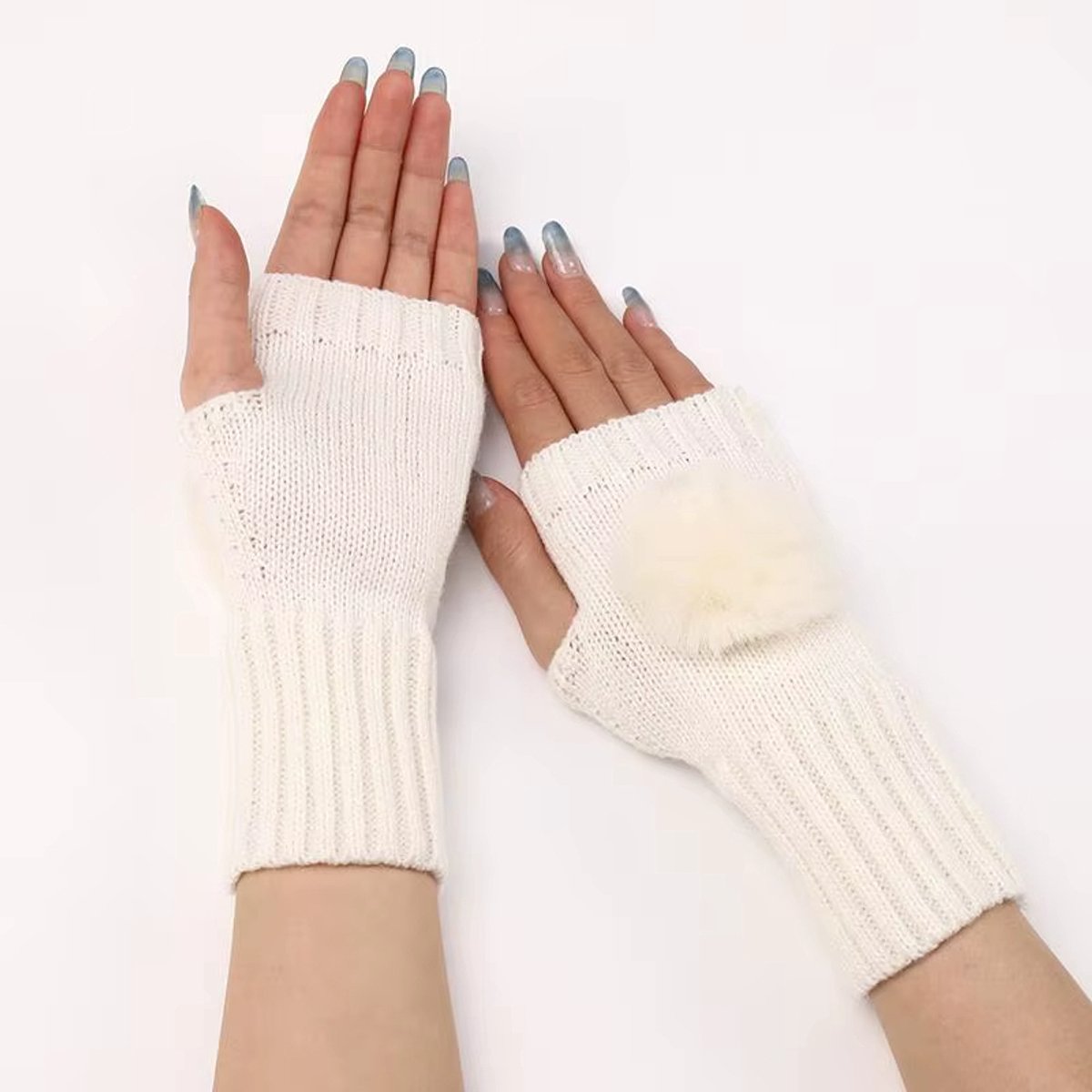 Vingerloze Gebreide Dames Handschoenen – Warme Polswarmers met Nepbont Pompon voor Herfst & Winter, Handgemaakt in Effen Kleur