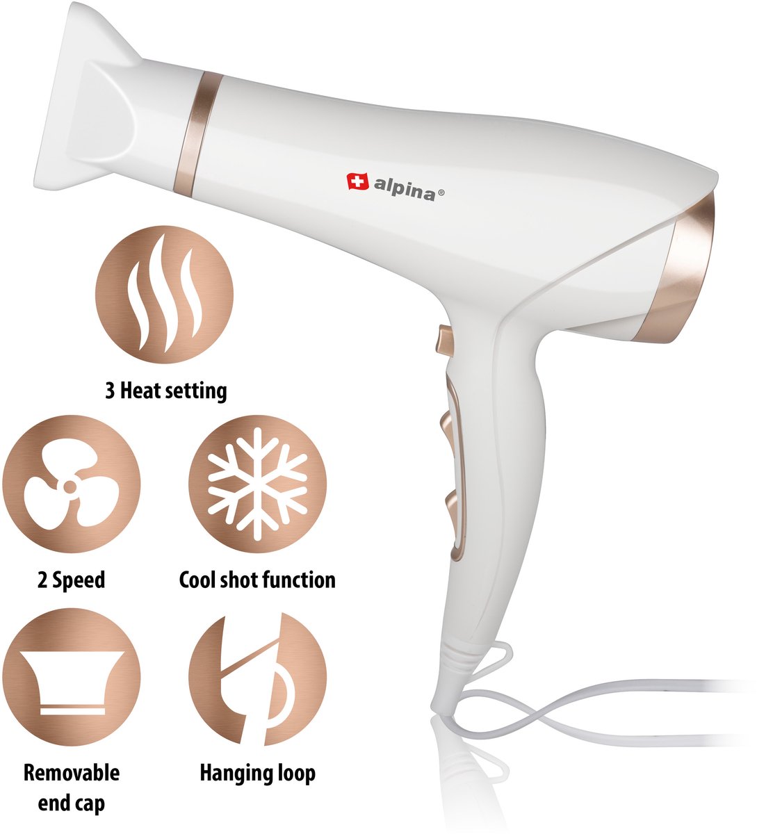 alpina Föhn 1900-2300W - Haardroger met 3 Warmte Instellingen - Haar Droger met Cool Shot - Hair Dryer incl. Extra Blaasmond en Ophanglus - Wit/Rosé — afbeelding 6