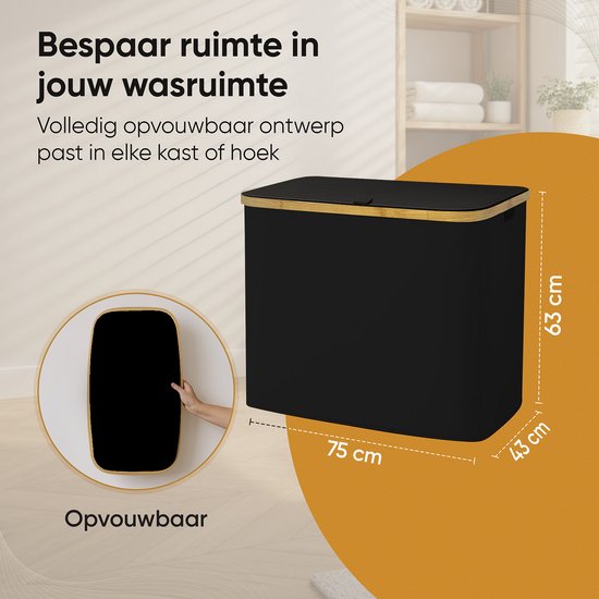 Panier à linge Premium 3 compartiments XXL - 200 L - Trieur de linge - Panier à linge avec couvercle - Avec 3 sacs amovibles - Zwart - Boutons - Boules de séchage incluses