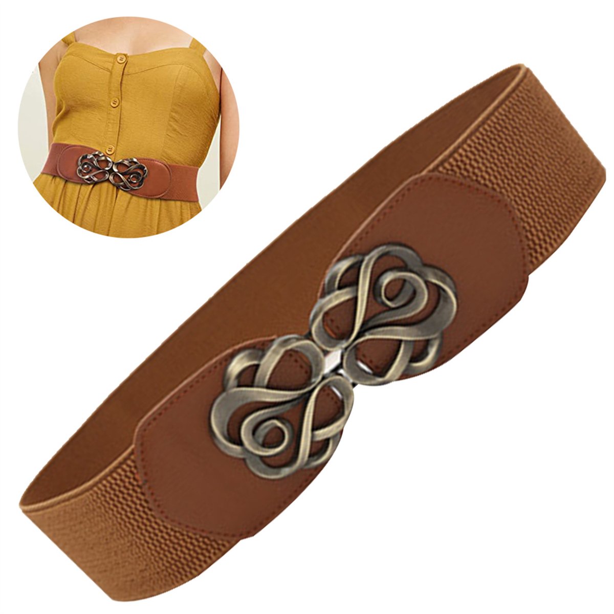 Peysaitr - Elastische tailleriemen – Retro riem – Riemen voor dames – Brede riem – Roosvorm - Jurk accessoire – Bruin – 60-80 cm – 1 stuk