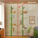 Groene kattenkrabpaal met 3 platforms, 2 mandjes, speelbal en 4 palen.