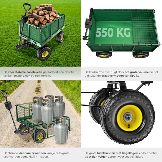 tectake® XXL Bolderkar met Luchtbanden - Tuinkar - Transportwagen - Handkar met 550 kg Capaciteit - Incl. Dekzeil, Afneembaar Handvat en Scharnierende Zijpanelen van TecTake — afbeelding 5