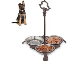 3x voerbak hond met standaard - hondenbak gietijzer antiek - 3 eetbakjes van rvs
