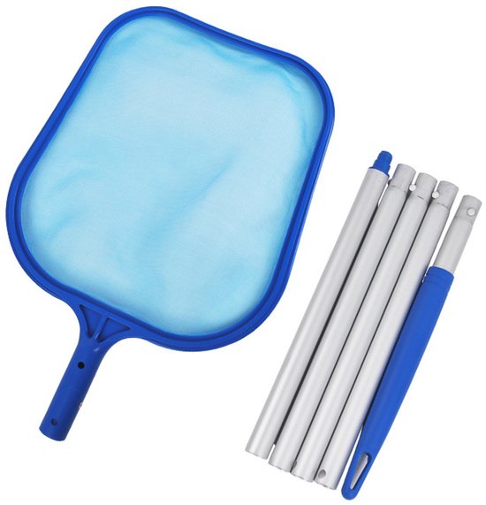 Filet de piscine bleu avec cadre bleu et maille bleu clair, à côté d'une poignée bleue détachée et de quatre sections de tige en aluminium argenté.