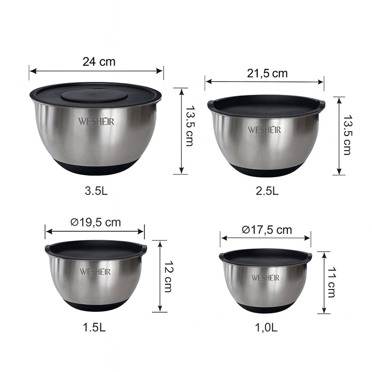[WESHEIR]-[Salade kommen set]-[4 stuks]-[RVS]-[18CM,20CM,22CM,24CM]-[ZWART]-[met raspen]-[Baking]-[Bakken voorbereiden]