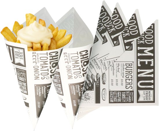 Frietzakjes - 10x st - zwart/wit - 17,5 x 24 cm - papier - puntzakken - patatzakjes - snackzakjes - zakjes voor patat/friet
